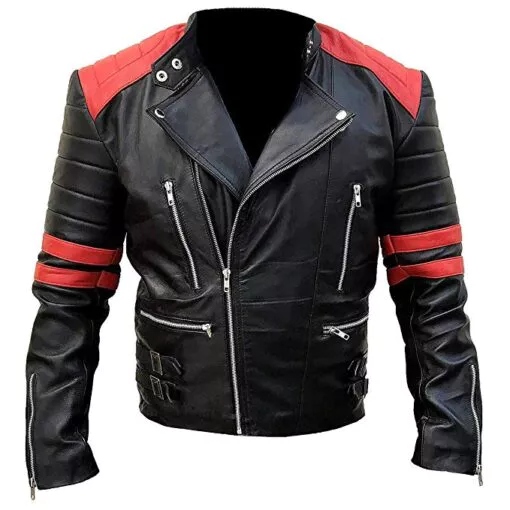 Brando Biker Black & Red Motorcycle Genuine Real Leather Jacket