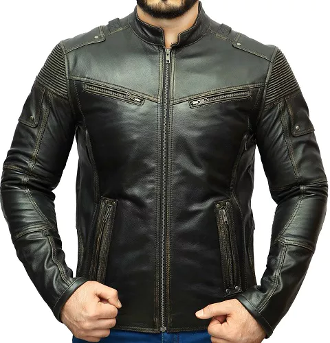 Vintage Motorcycle Distressed Black Genuine Leather Jacket