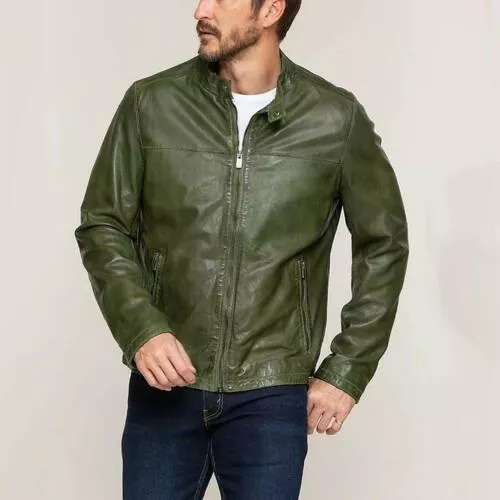Motorcycle Olive Green Cafe Racer Vintage Genuine Leather Jacket