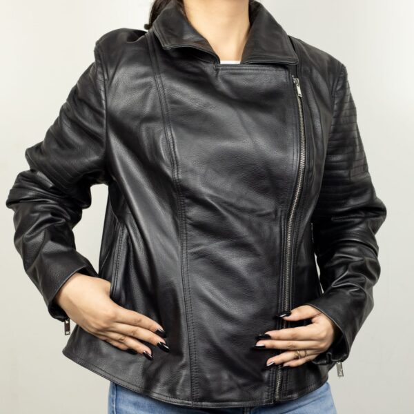 Women’s Black Leather Jacket With Front Zipper