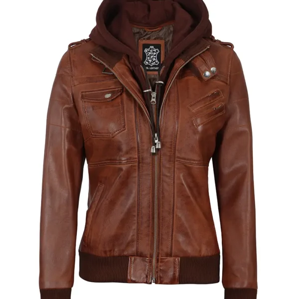 Women's Bomber Cognac Brown Leather Jacket with Removable Hood