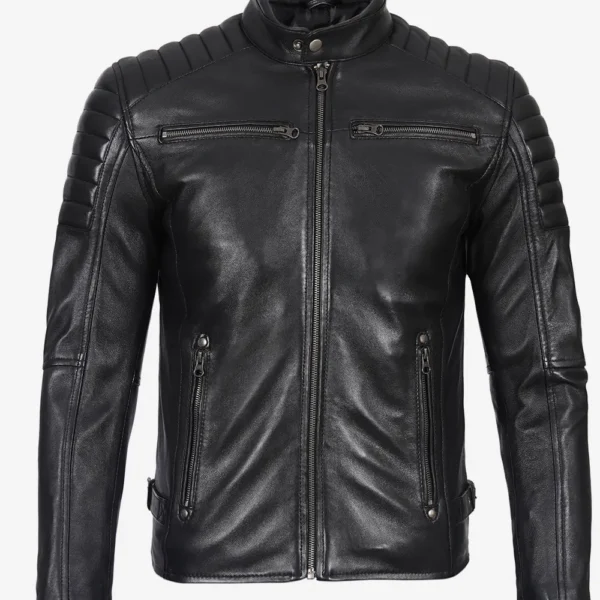 Men's Black Leather Biker Jacket with Shoulder Padding