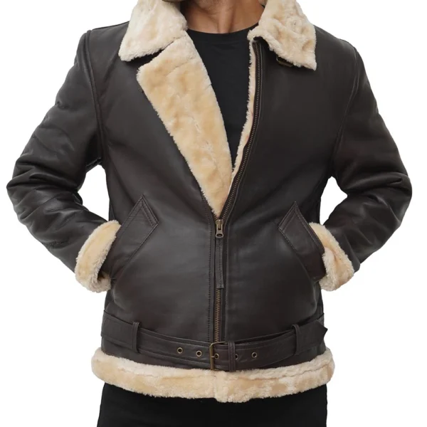 Mens Real Leather Dark Brown Shearling Bomber Jacket