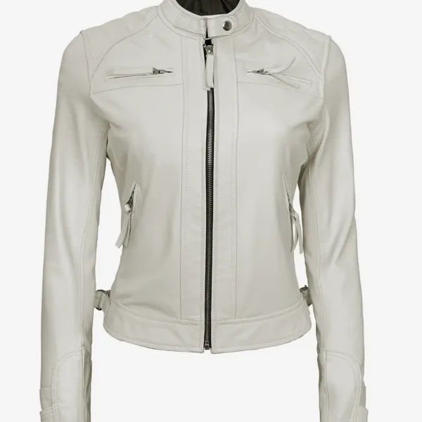 Womens Real Lambskin Leather Off White Quilted Biker Jacket