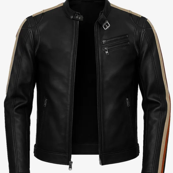 Mens Black Lambskin Leather Dual Striped Cafe Racer Jacket