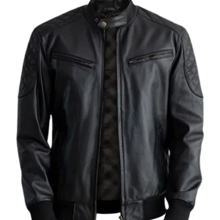 Casual Black Leather Bomber Jacket