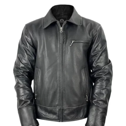Men Black Leather Harrington Jacket