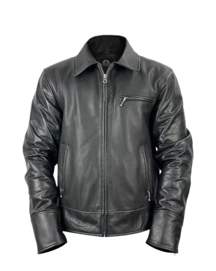 Men Black Leather Harrington Jacket