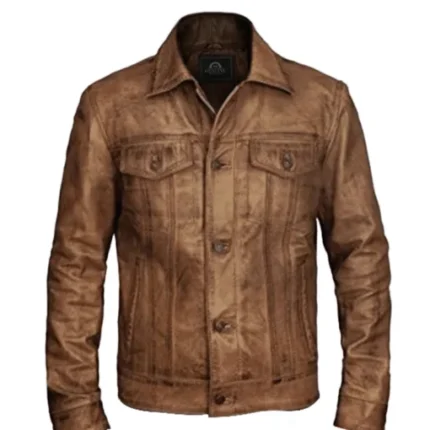 Men Distressed Leather Trucker Vintage Jacket