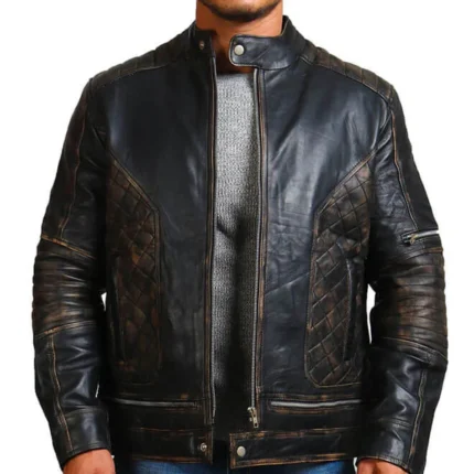 Men’s Distressed Black Skull Vintage Biker Jacket