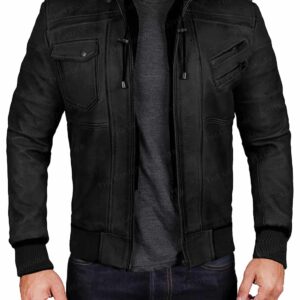 Men Bomber Hood Removable Leather Jacket