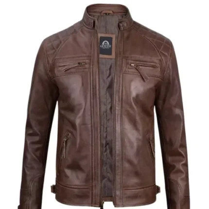 Mens Chocolate Brown Cafe Racer Quilted Leather Jacket