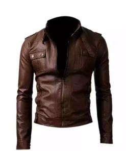 Slimfit Brown Strap Pocket Biker Jacket