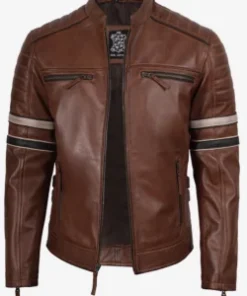 Brown Leather Racer Jacket with Stripes