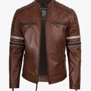 Brown Leather Racer Jacket with Stripes
