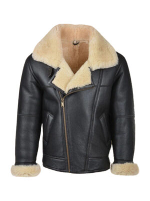 Mens Black Aviator Sheepskin Bomber Shearling Jacket