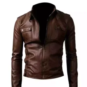 Slimfit Brown Strap Pocket Biker Jacket