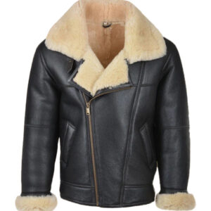 Mens Black Aviator Sheepskin Bomber Shearling Jacket